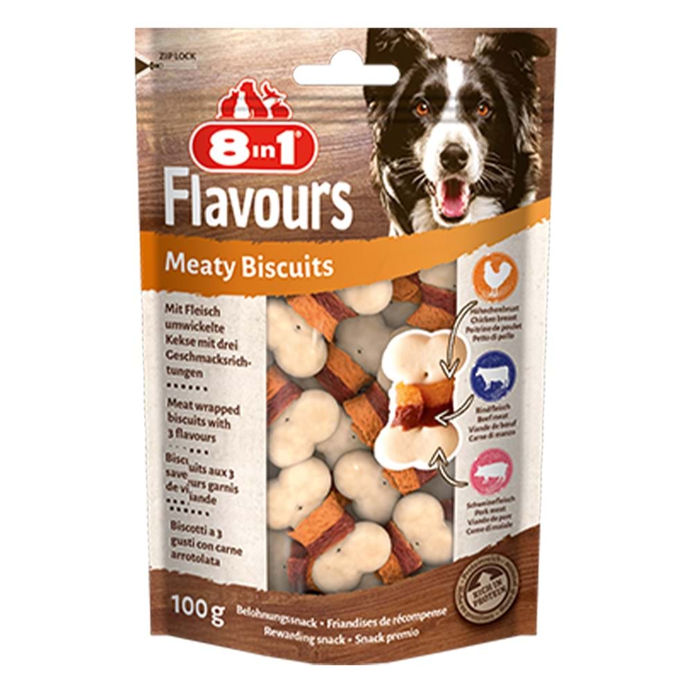 8IN1 FlavoursMeaty BiscuitsKöpek Ödül Bisküvisi- Domuz Etli 100GR