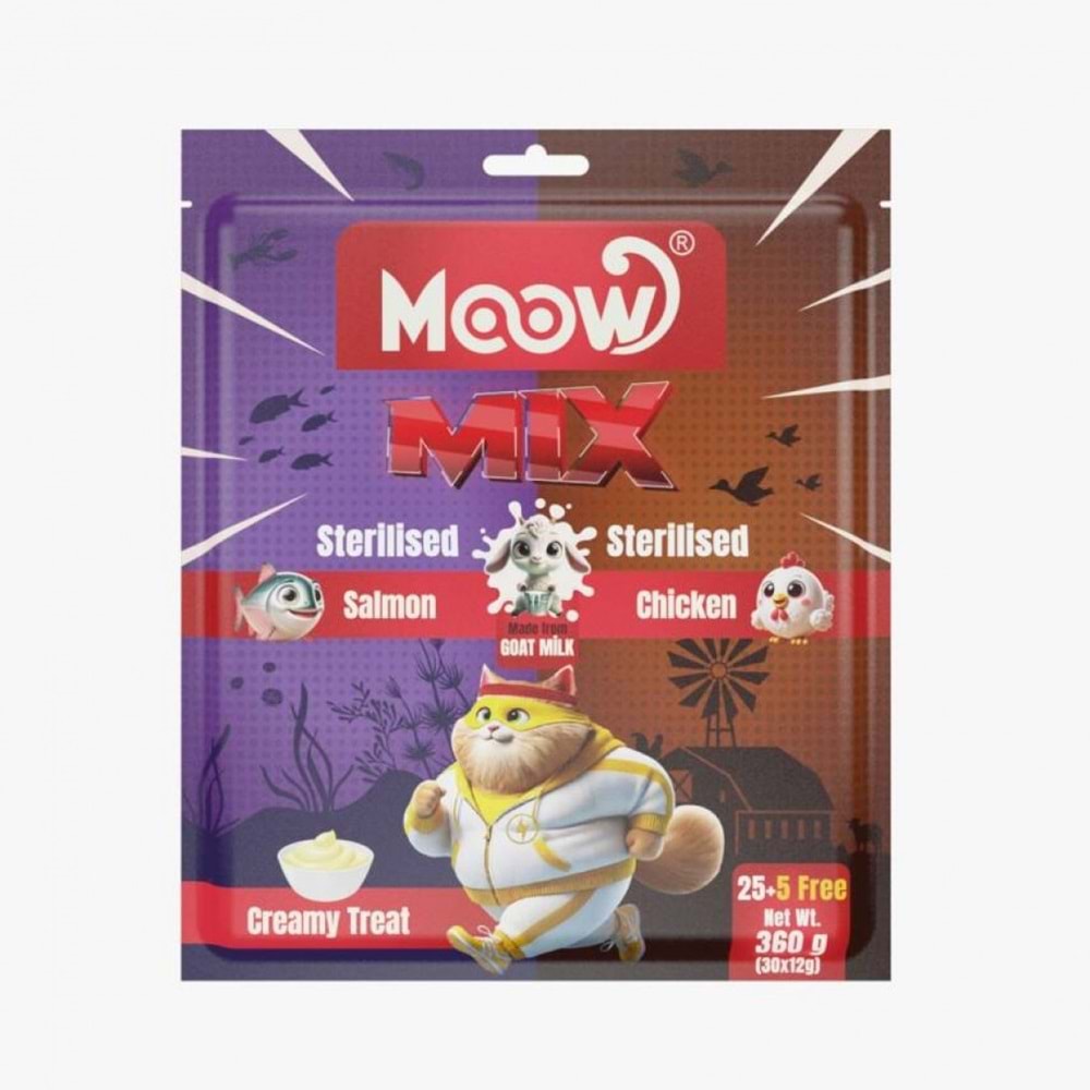 MOOW KARıŞıK SOMONLU&TAVUKLU KEÇI SÜTLÜ 12GR X 30' LU STERILISED KEDI KREMA ÖDÜLÜ