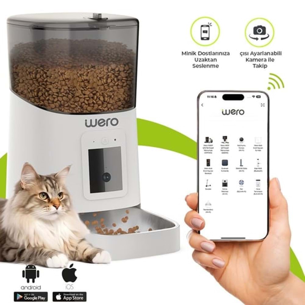 Wero Akıllı Kedi/Köpek Mama Kabı Pro (Geliştirilmiş 2025 versiyon) 1080p Ayarlanabilir Kamera, 6 Lt, Wifi Kontrol, Pet Feeder, Metal Kase, Beyaz