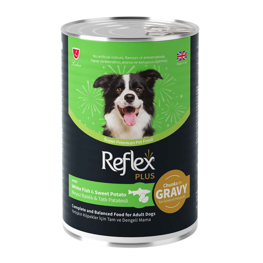 REFLEX PLUS KONSERVE SOS İÇİNDE ET PARÇACIKLI BEYAZ BALIKLI VE TATLI PATATESLİ YETİŞKİN KÖPEK MAMASI 400 G