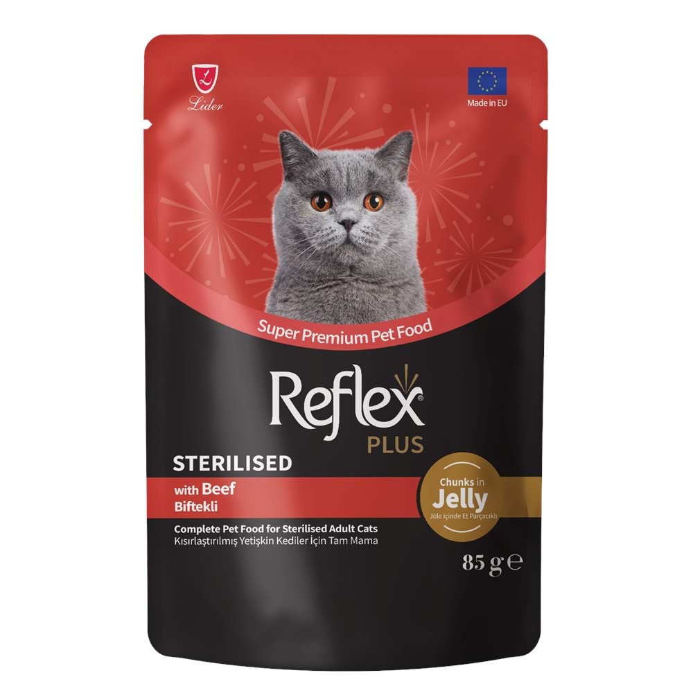 REFLEX PLUS POUCH JÖLE İÇİNDE ET PARÇACIKLI BİFTEKLİ KISIRLAŞTIRILMIŞ YETİŞKİN KEDİ MAMASI 85 G